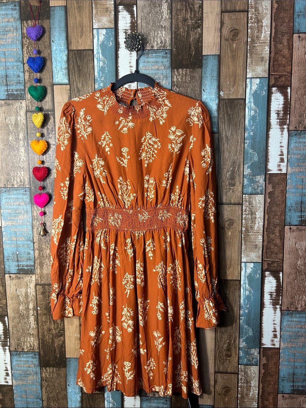 CUPSHE viscose Smocked Waist Rust Floral Long-Sleeve Dress